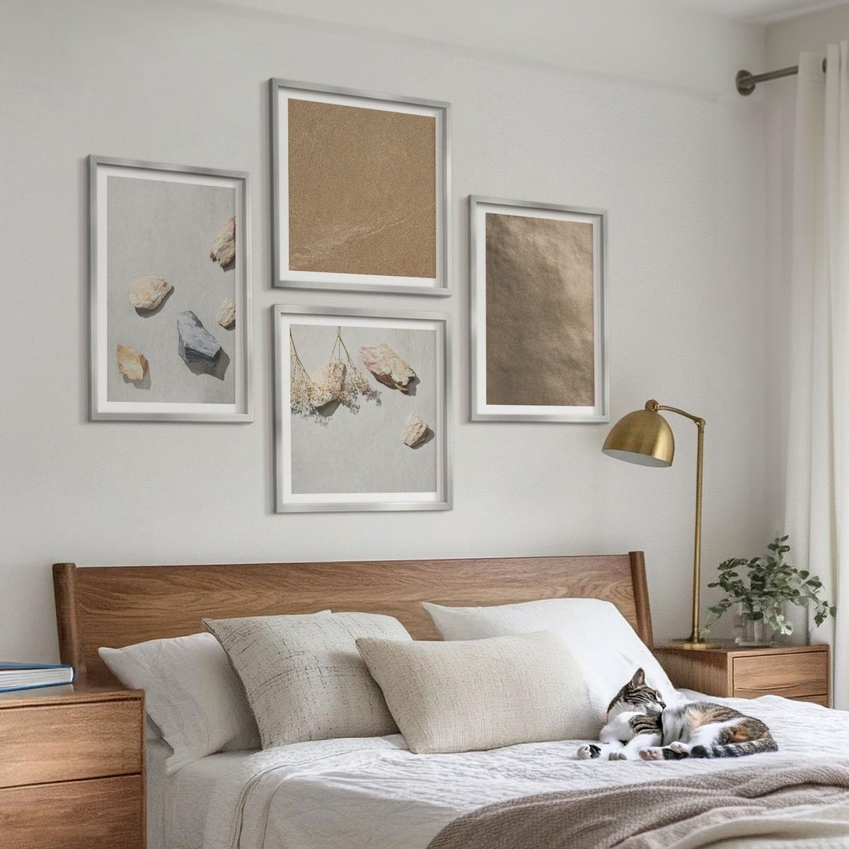 BILDER SET 4er Set - 50x50 cm & 40x60 cm Silberner Rahmen - Strandsteine natürliche Strukturen - Silberfarben, Kunststoff (50/50cm) - TULUP