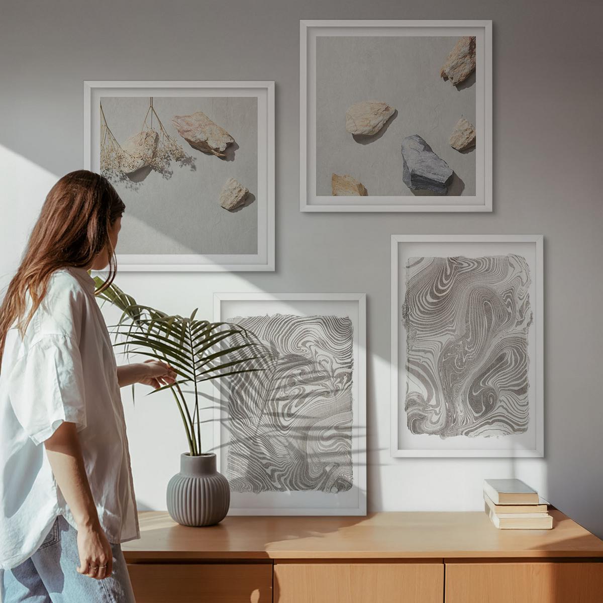 BILDER SET 4er Set - 50x50 cm & 40x60 cm Weißer Rahmen - Moderne abstrakte Formen - Weiß, Kunststoff (50/50cm) - TULUP
