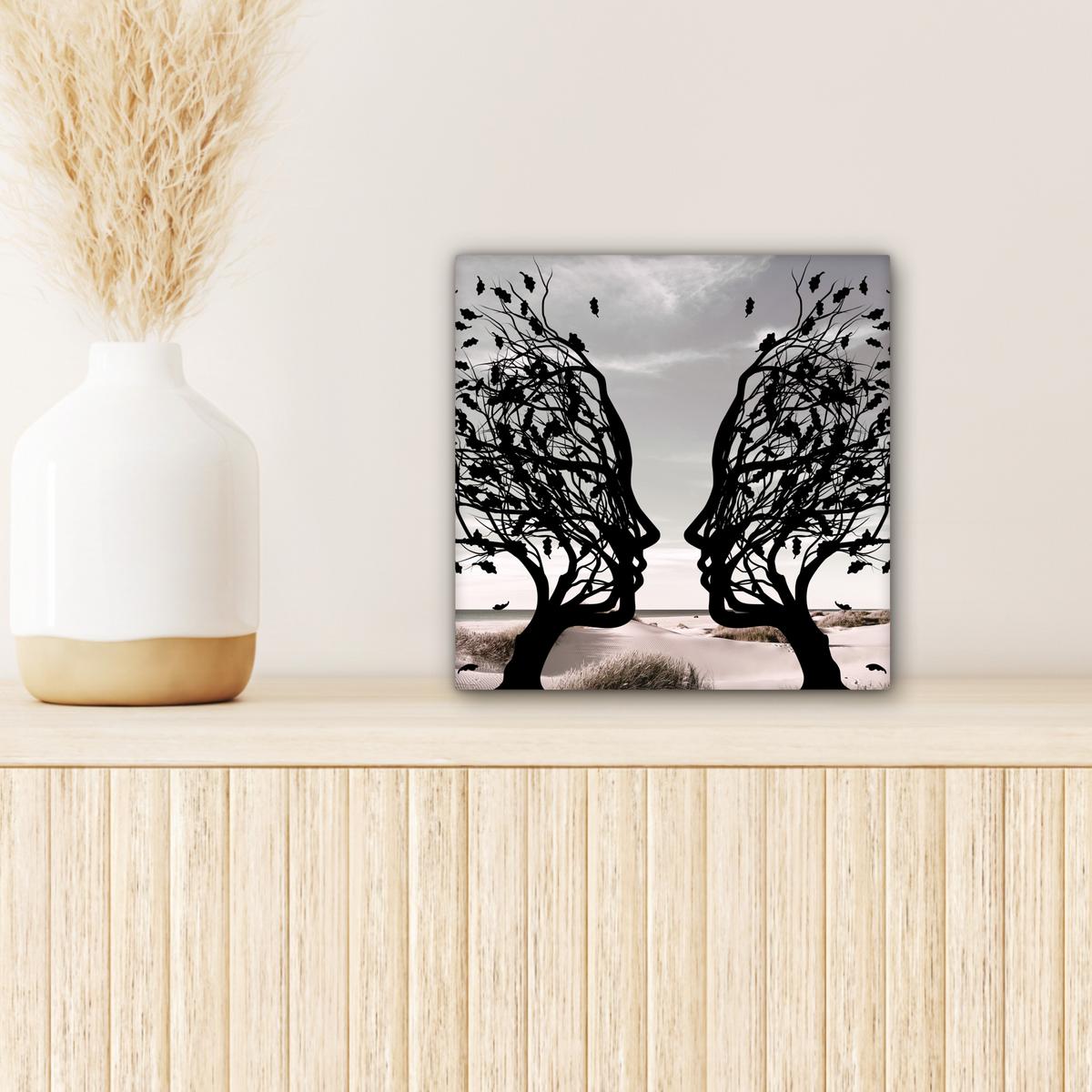 LEINWANDBILD Strand - Meer - Menschen - Baum - Moderne Kunst Deko Wohnzimmer 20x20 cm - Hellgrau, Textil (20/20cm) - MuchoWow