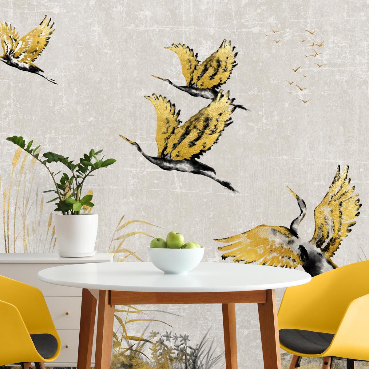 FOTOTAPETE Vögel Pflanzen Beton Abstraktion 250x175 - Gelb/Beige, Papier (250/175cm) - Muralo