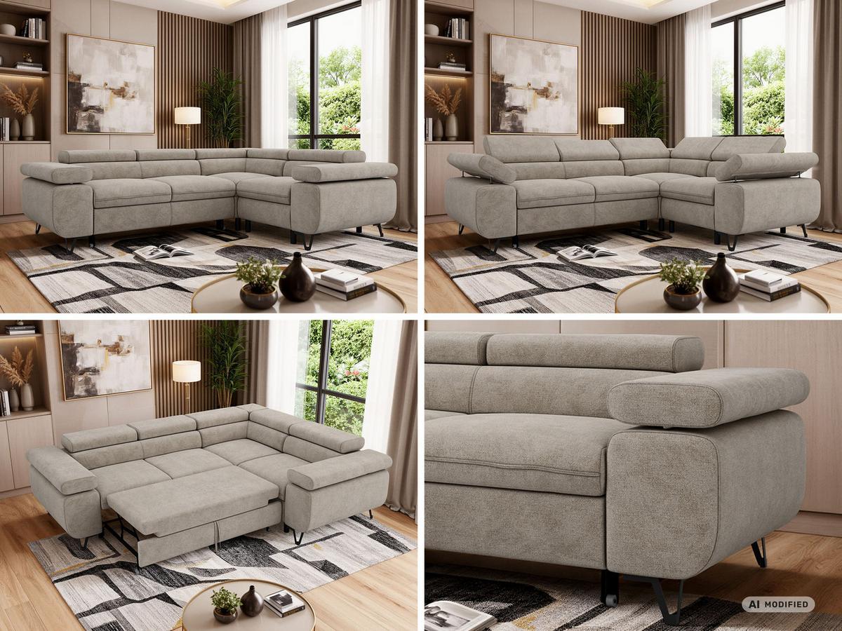ECKSOFA FALCO L - Greige Stukture - Rechts Seite - Greige/Schwarz, Textil/Metall (268/197cm) - MKS