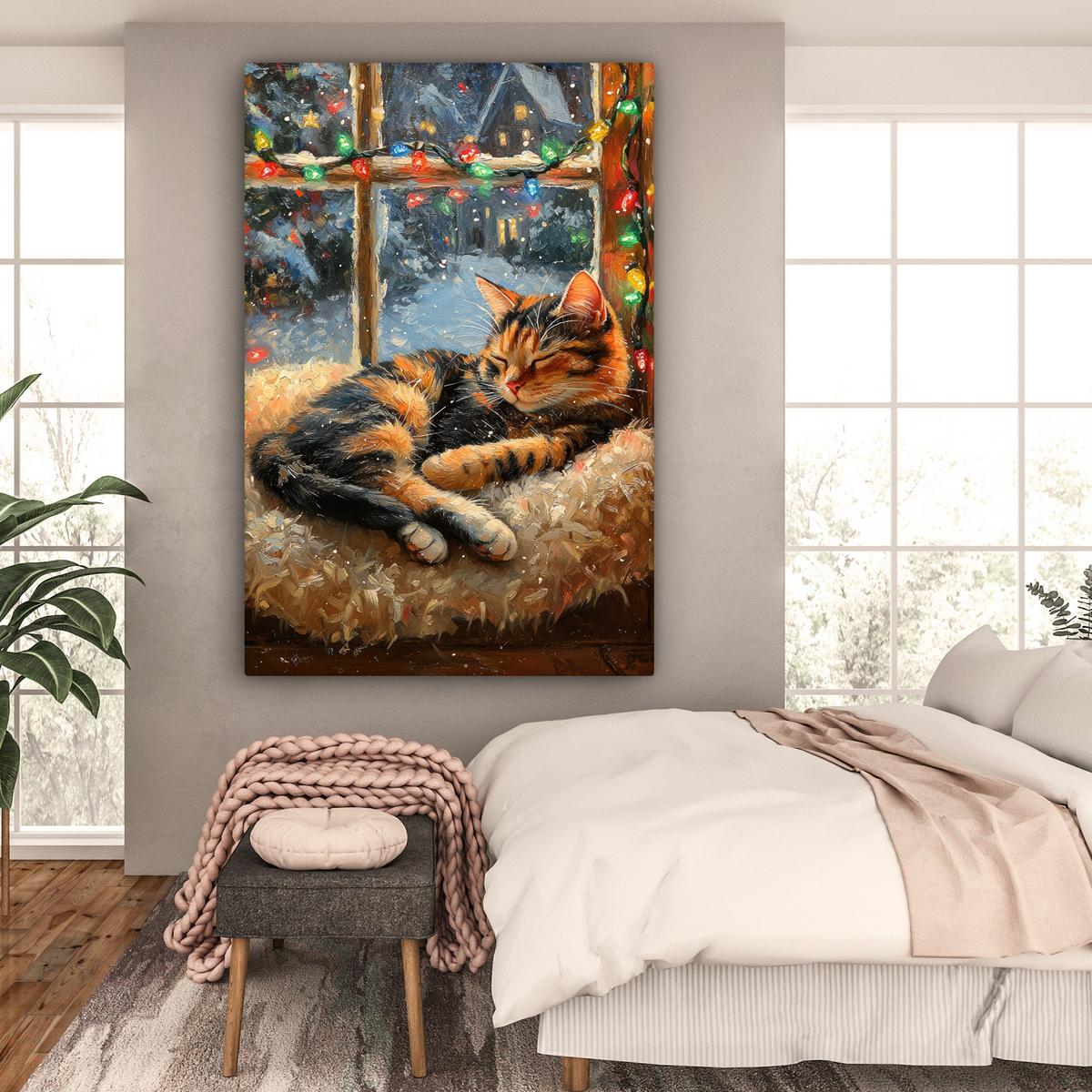 LEINWANDBILD Katze - Weihnachten - Winter - Tier Deko Groß 90x140 cm - Bernsteinfarben, Textil (90/140cm) - MuchoWow