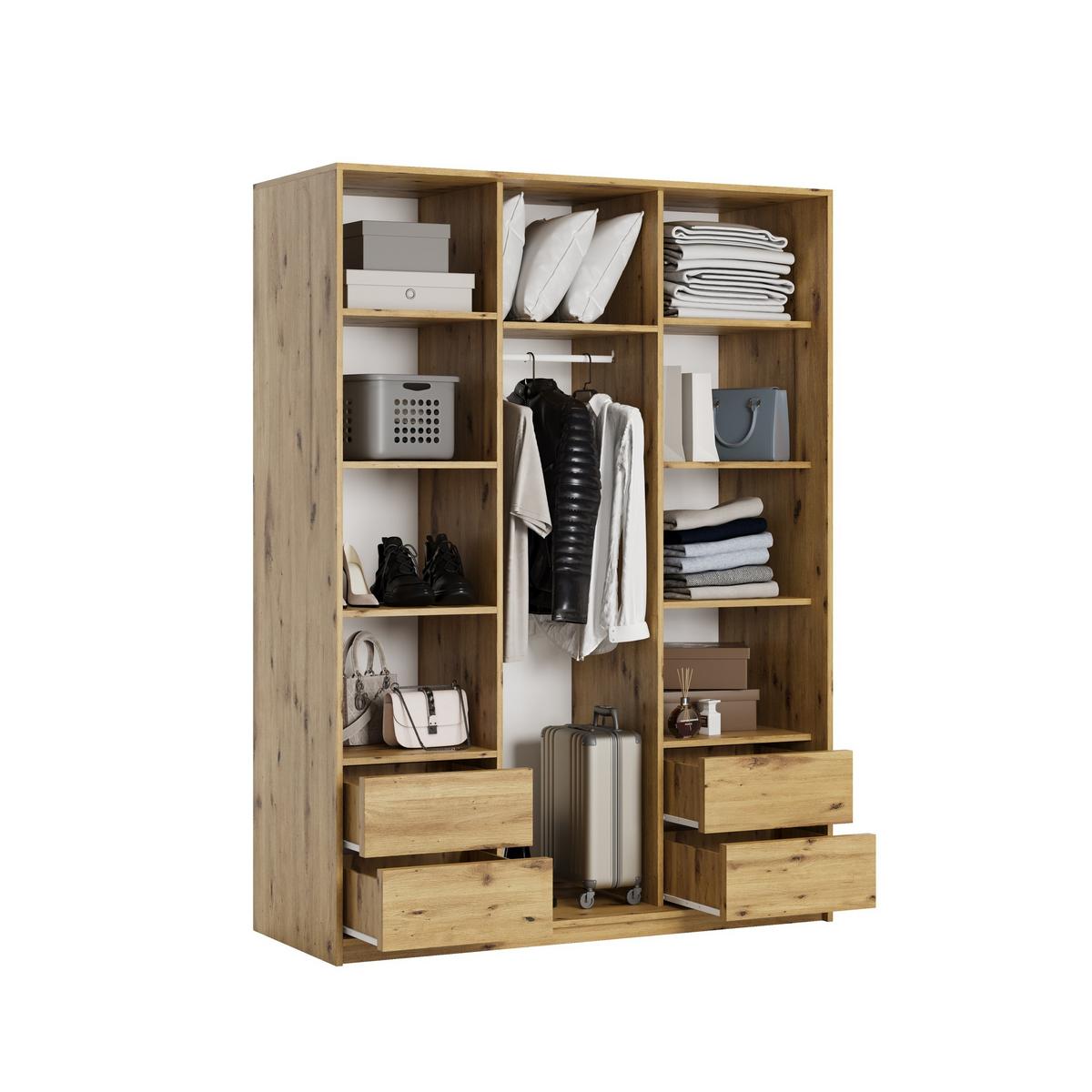 SCHWEBETÜRENSCHRANK VONTE 150/205/60 cm 3-türig mit Lamellen Eiche Artisan - Schwarz/Eiche Artisan, Holzwerkstoff (150/205/60cm) - MASSENO