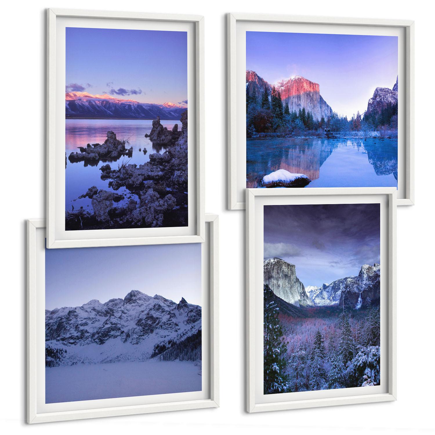 BILDER SET 4er Set - 50x50 cm & 40x60 cm Weißer Rahmen - Berglandschaften, Sonnenuntergang, Wasser - Weiß, Kunststoff (50/50cm) - TULUP