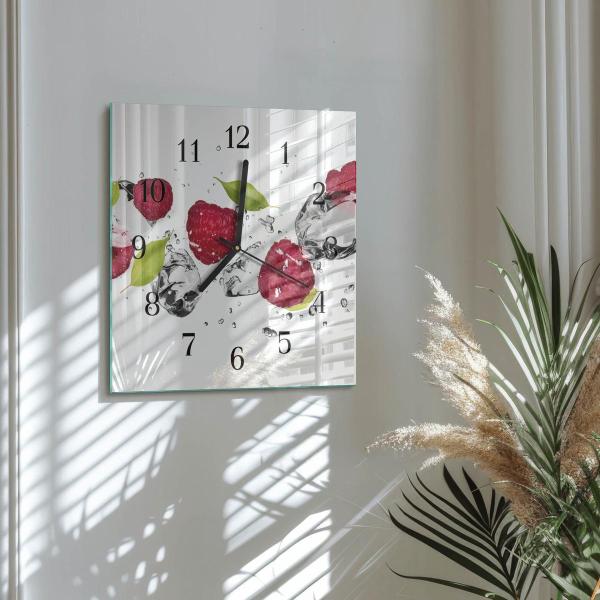 WANDUHR aus Glas 30x30 cm - Himbeeren - Rot, Glas (30/30/0.4cm) - TULUP
