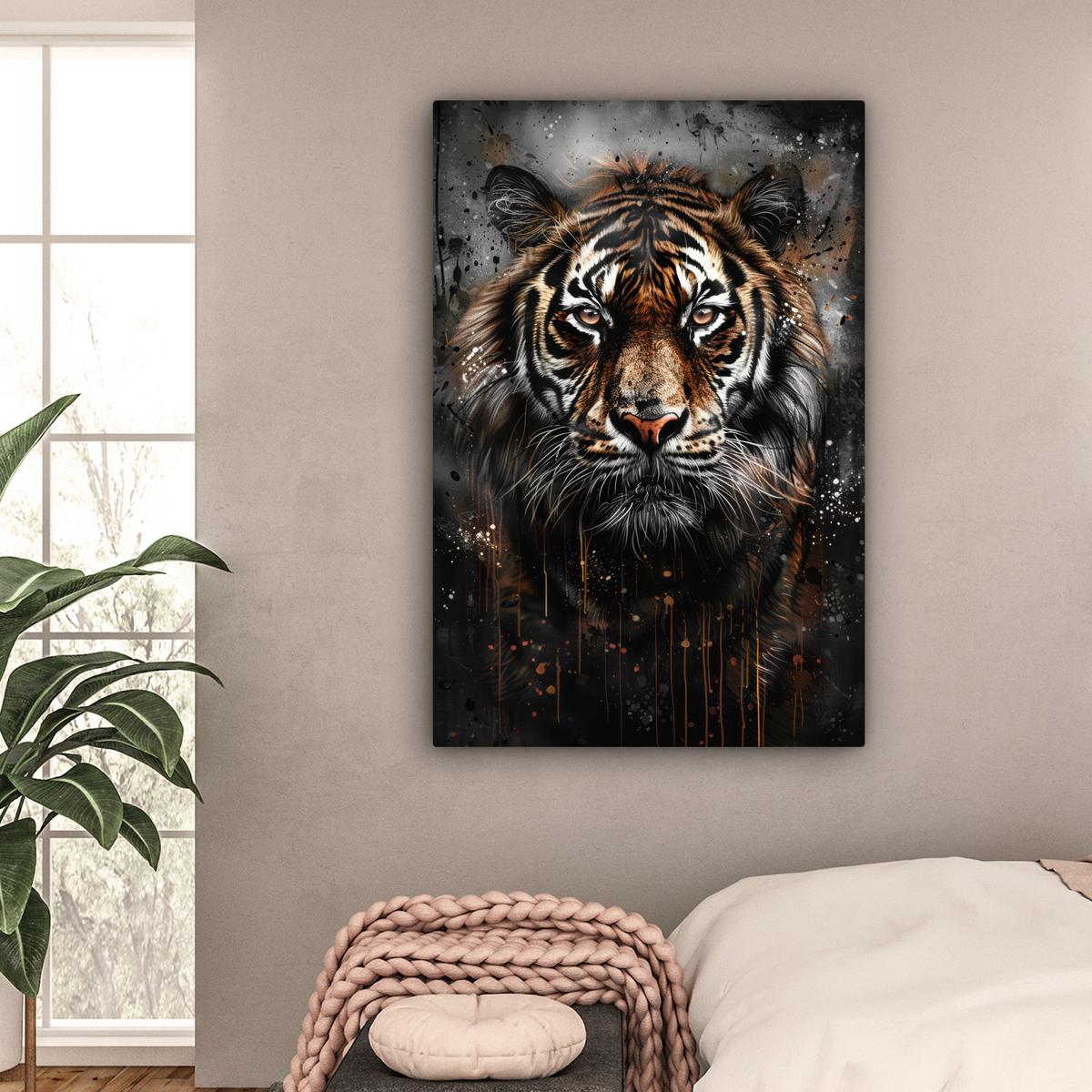 LEINWANDBILD Tiger - Tiere - Porträt - Luxus - Schwarz Deko XXL 80x120 cm - Anthrazit, Textil (80/120cm) - MuchoWow