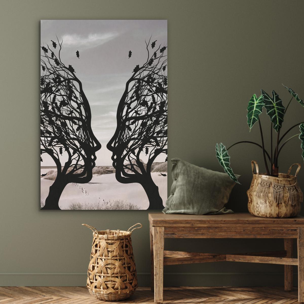 AKUSTIKBILD Strand - Meer - Menschen - Baum - Moderne Kunst Wanddeko 70x100 cm - Hellgrau, Kunststoff (70/100/0.9cm) - MuchoWow