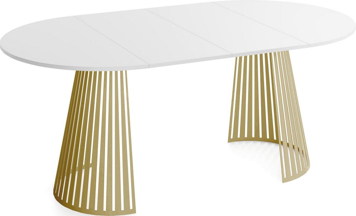 ESSTISCH Naro rund ausziehbar mit Goldenem Lamellen-Metallgestell, Weiß 120-200/120/76 cm - Goldfarben/Weiß, Holzwerkstoff/Metall (120/196/76cm) - WFL GROUP