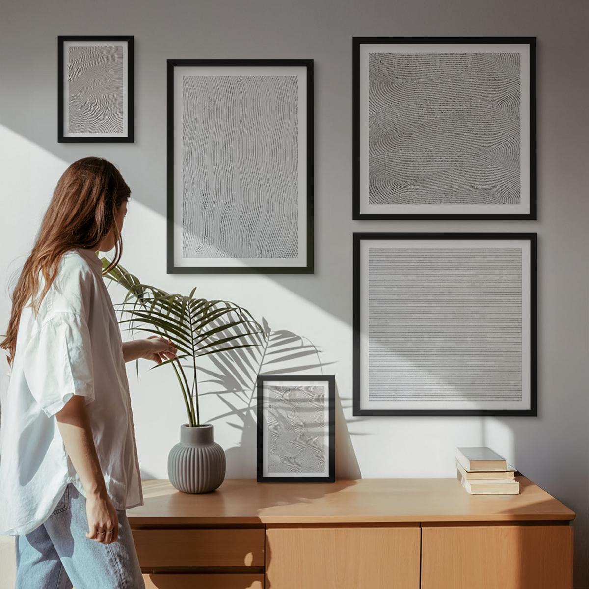 BILDER SET 5er Set - 50x50 cm & 20x30 cm & 40x60 cm Schwarzer Rahmen - Sandmuster geometrische Strukturen - Schwarz, Kunststoff (40/60cm) - TULUP