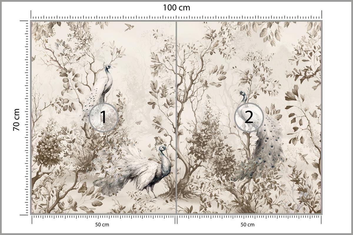 FOTOTAPETE für Wohnzimmer Pfauen Zwischen Bäumen Büsche Blätter 100x70 - Beige, Papier (100/70cm) - Muralo