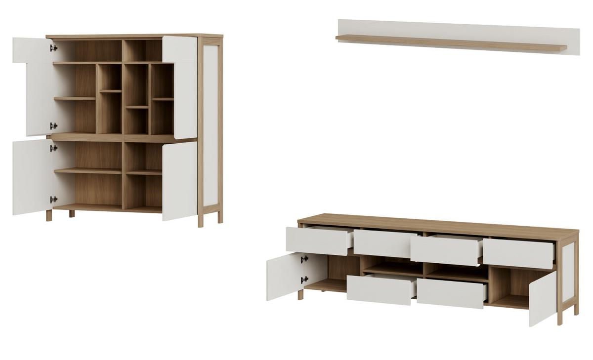 WOHNWAND weiß und Eiche Wohnkombination skandinavisch 3-teilig 319 cm, Soft-Close, Finnes - Eichefarben/Weiß, Glas/Holzwerkstoff (319/170/39cm) - Furn.Design