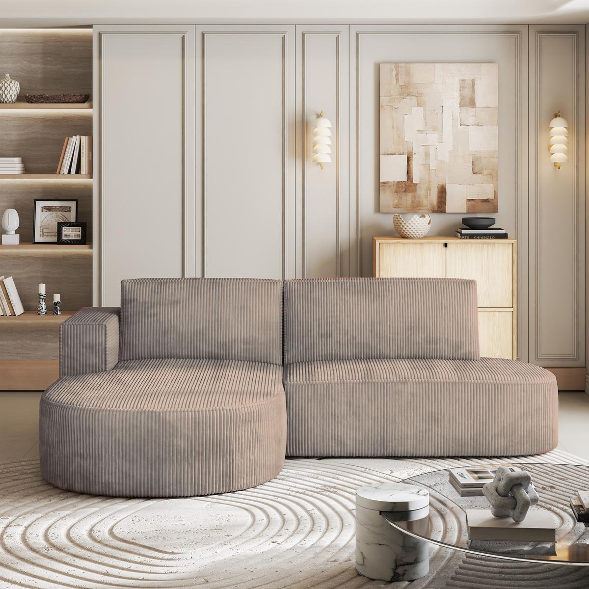 ECKSOFA CORTIO P L-S Beige Kordstoff mit Schlaffunktion - Beige, Holz (265/174cm) - MASSENO