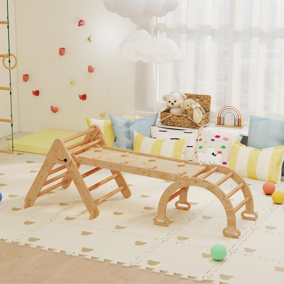 MONTESSORI-KLETTERGERÜST Holz Kletterdreieck mit Kletterbogen 7-in-1 - Naturfarben, Holz (70/59/188cm) - AIYAPLAY