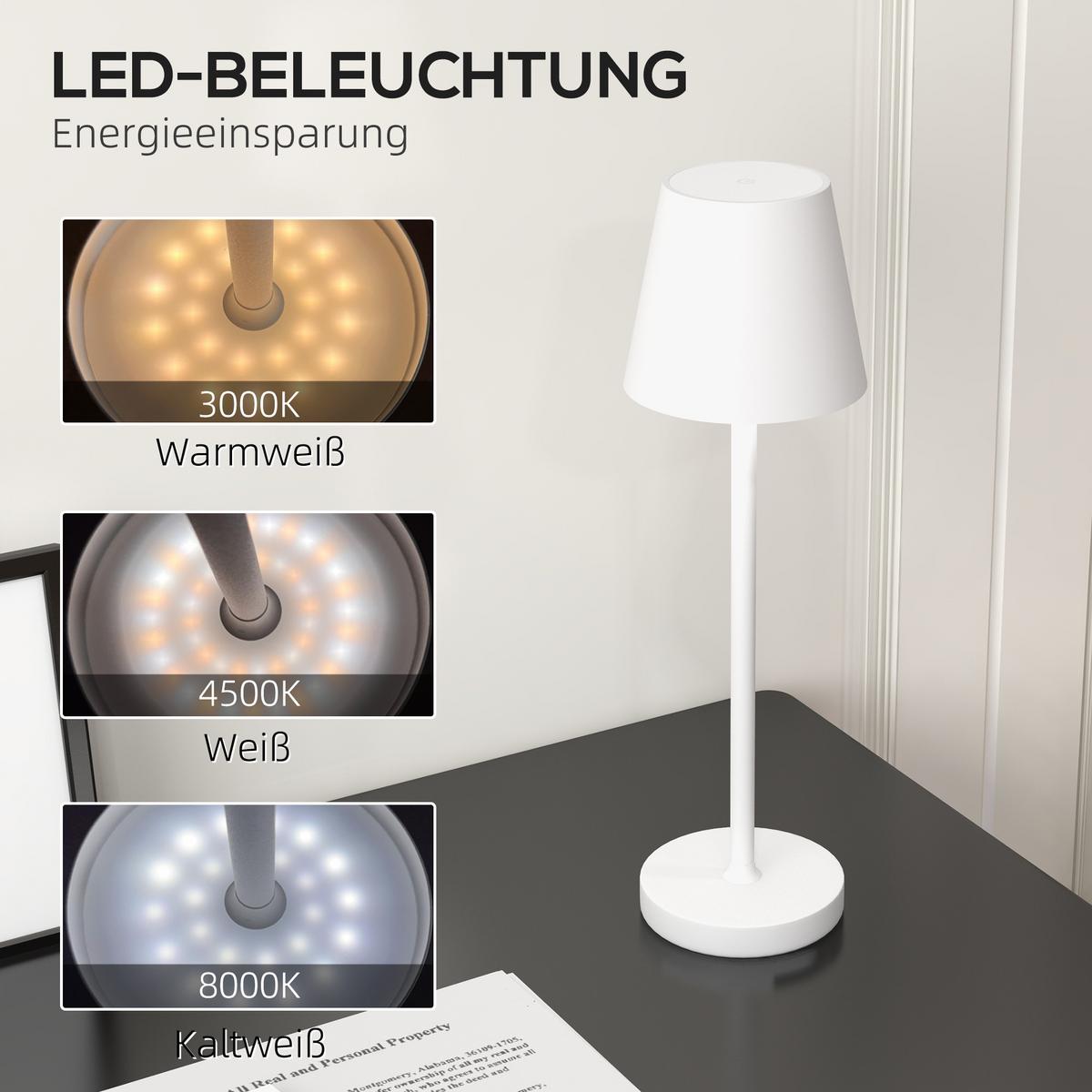 TISCHLAMPE Aufladbare USB Tischleuchte mit 3 Lichtfarben für Wohnzimmer Weiß - Weiß, Metall (11.2/11.2/36.5cm) - HOMCOM