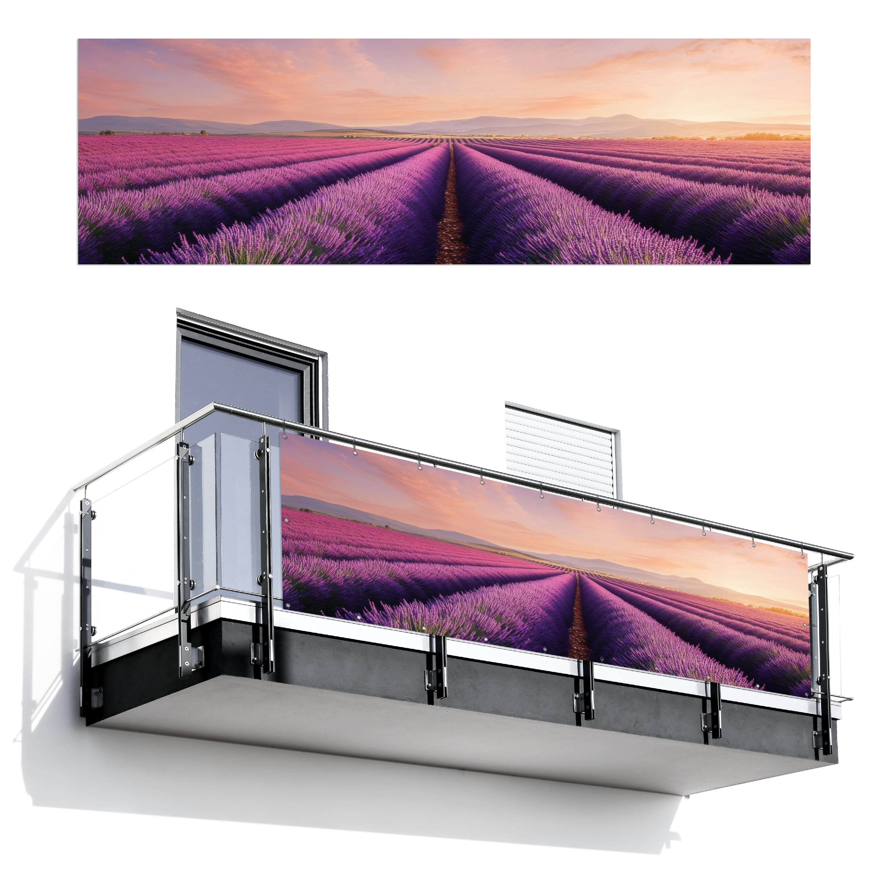 BALKON-SICHTSCHUTZ Lavendelfeld - Sonnenuntergang - Lila - Blumen Windschutz 300x90 cm - Violett, Kunststoff (300/90cm) - MuchoWow