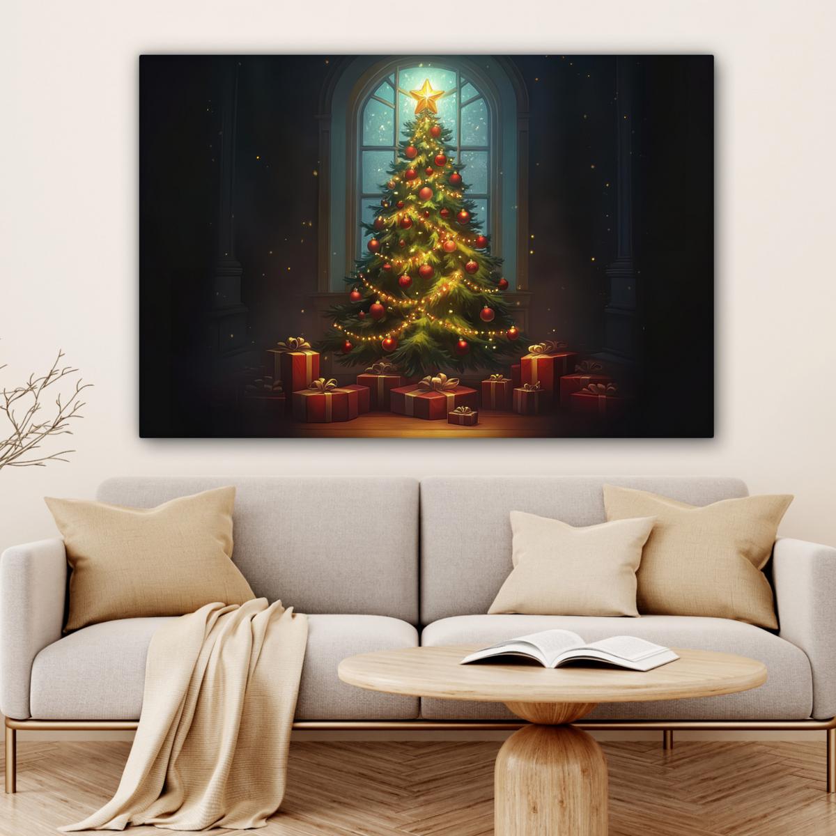 LEINWANDBILD Weihnachtsbaum - Geschenk - Winter Groß 140x90 cm - Grün, Textil (140/90cm) - MuchoWow