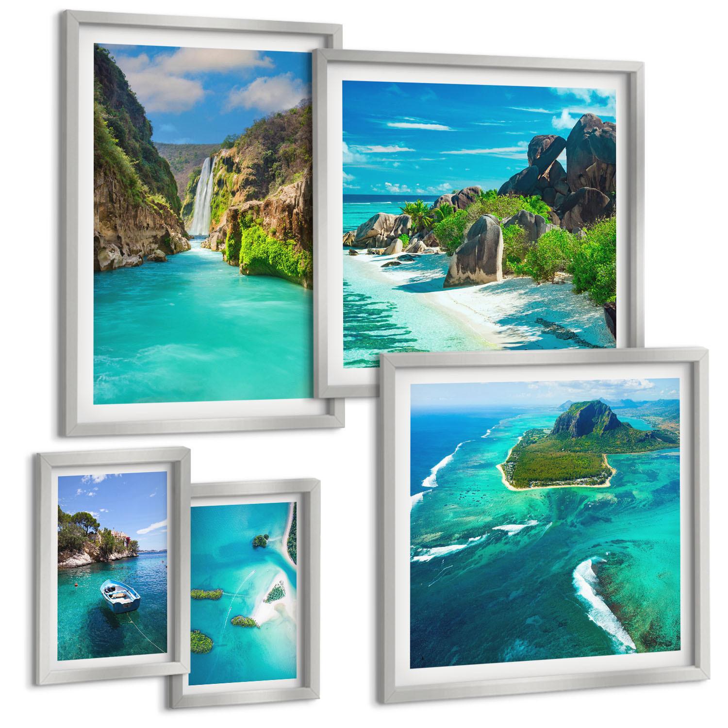 BILDER SET 5er Set - 50x50 cm & 20x30 cm & 40x60 cm Silberner Rahmen - Seeboote Hirsche Berge - Silberfarben, Kunststoff (40/60cm) - TULUP