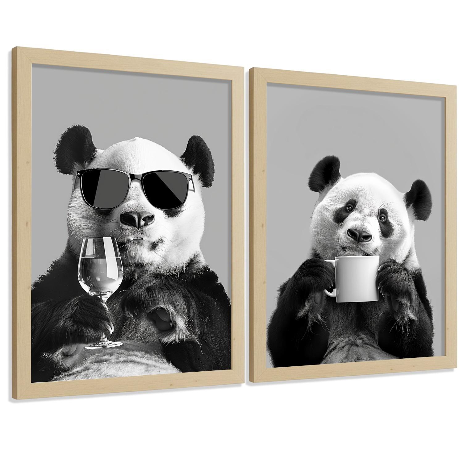 POSTER 2er Set Lustige Panda-Wandbilder Schwarz Weiß Tier Weinglas und Kaffeetasse Küche Wanddeko Rahmenlos A4 - Beige, Papier (29.7/1/21cm) - Nacnic