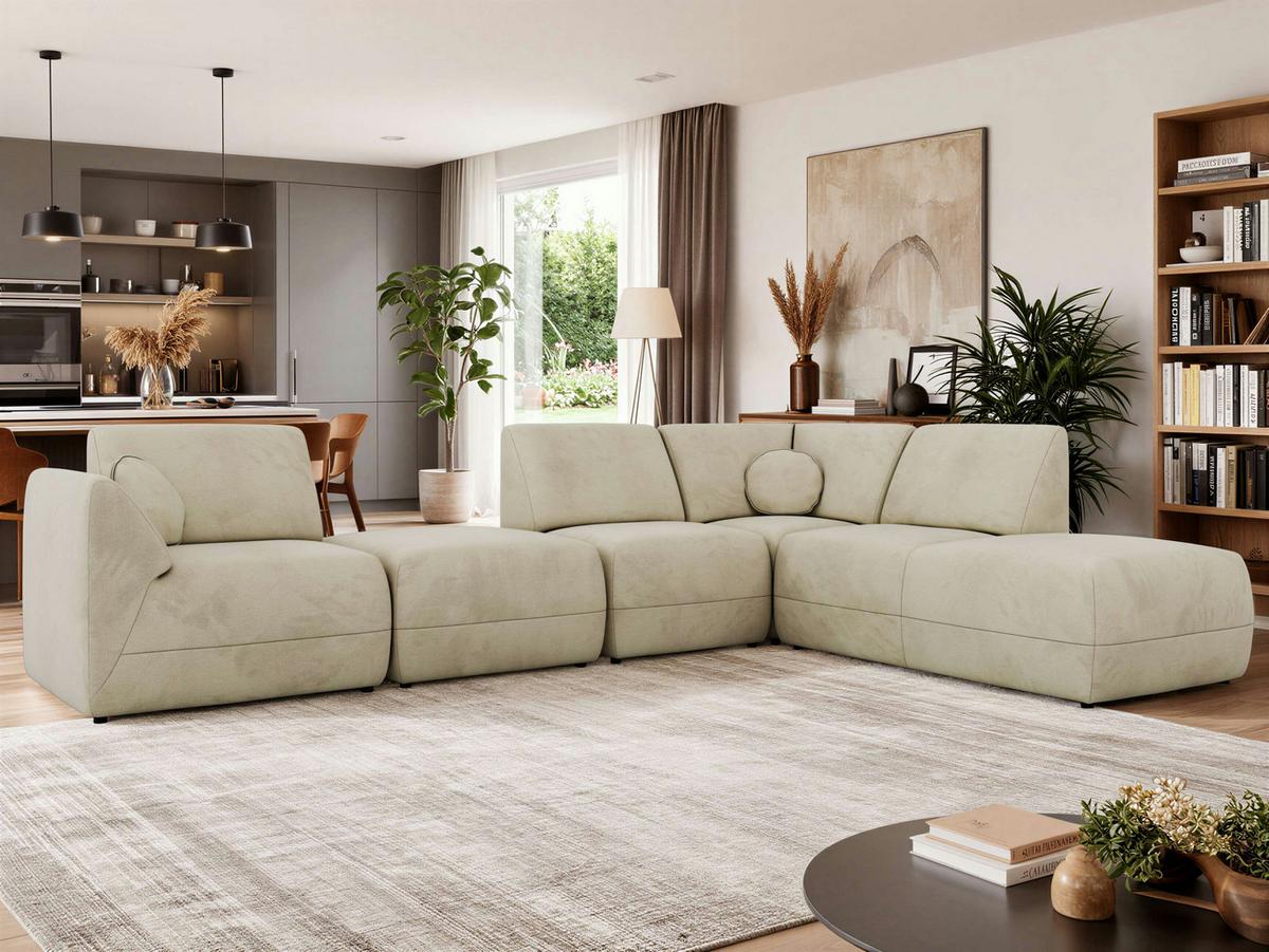 ECKSOFA NOARA 6M L Beige Velvet - Rechts - Beige/Schwarz, Kunststoff/Textil (355/244cm) - MKS
