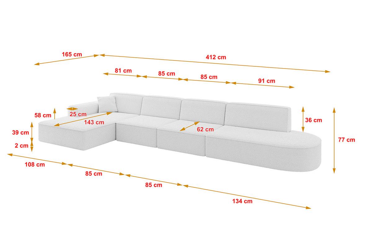 ECKSOFA Ottomane Links IREA-L3-v3 - 412x165x77 cm Weiß - Weiß, Holzwerkstoff/Textil (412/165cm) - ALTDECOR