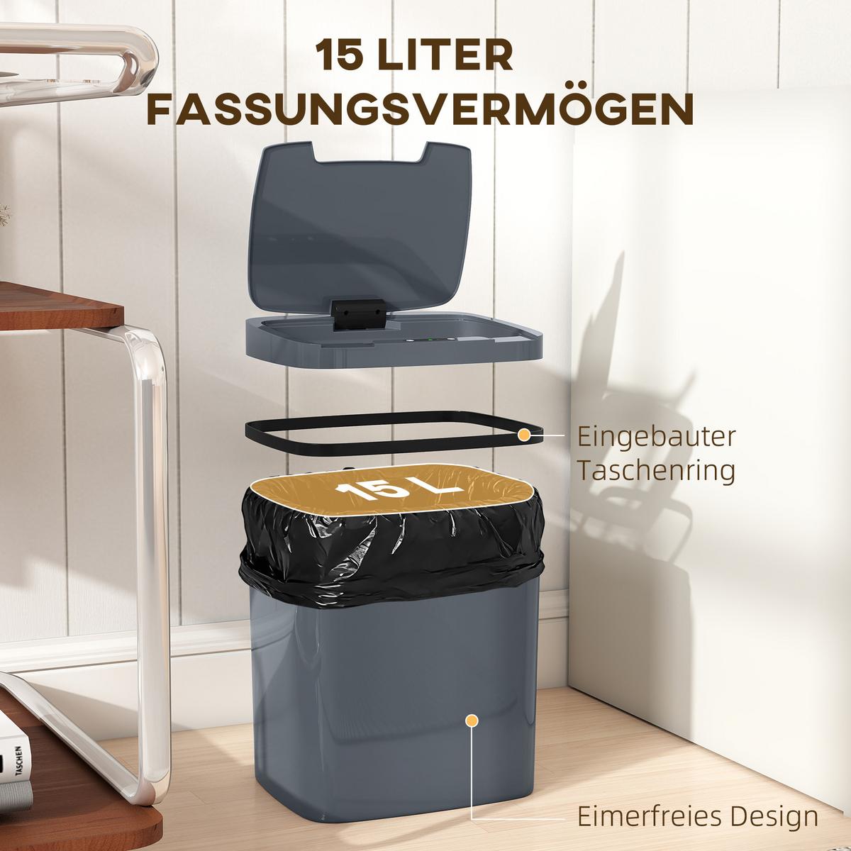 SENSOR-MÜLLEIMER Kunststoff Grau - Grau, Kunststoff (21.4/33.5/27.6cm) - HOMCOM