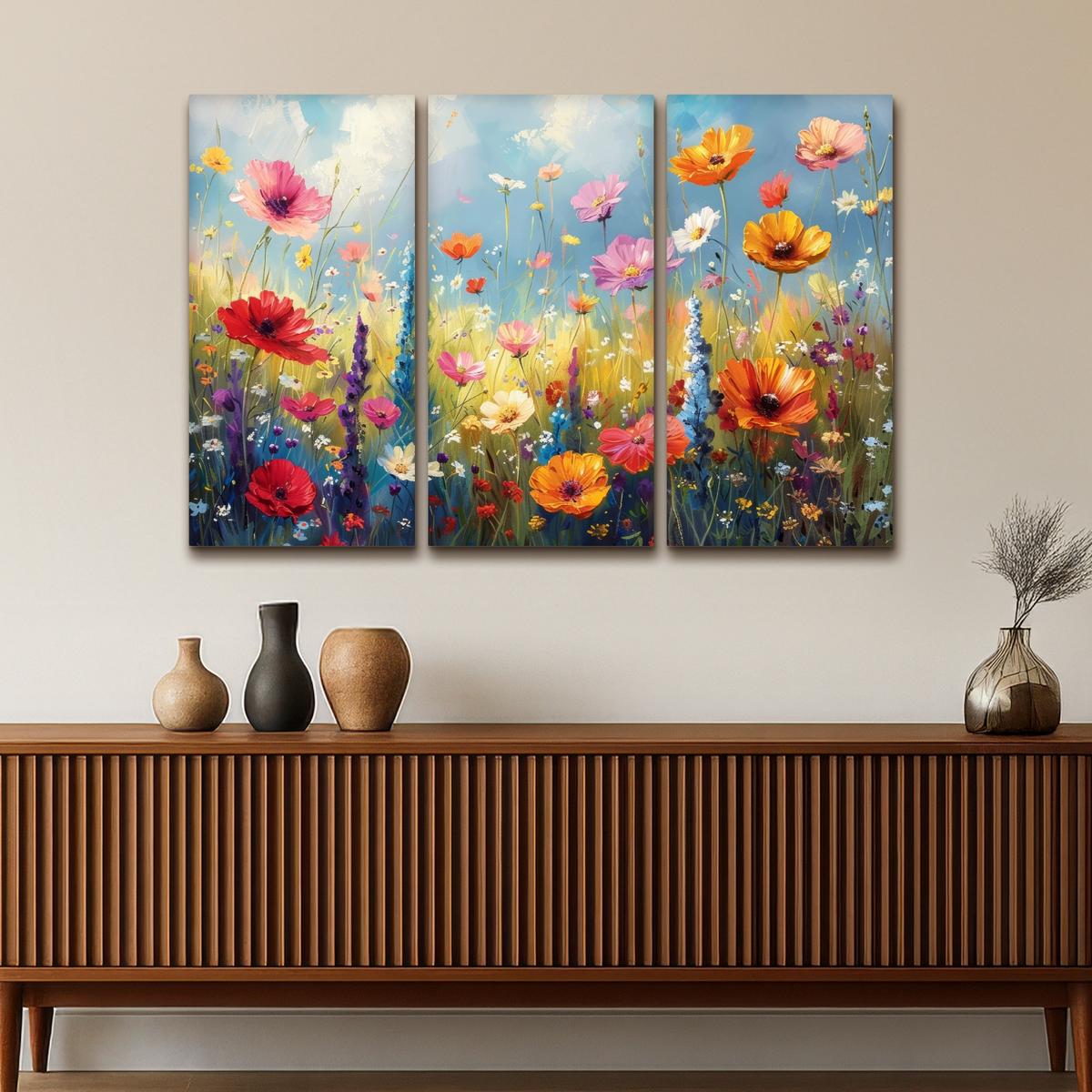 LEINWANDBILD 3er Set Blumen - Frühling - Farbenfroh - Sommerlich 120x80 cm - Orange, Textil (120/80cm) - MuchoWow