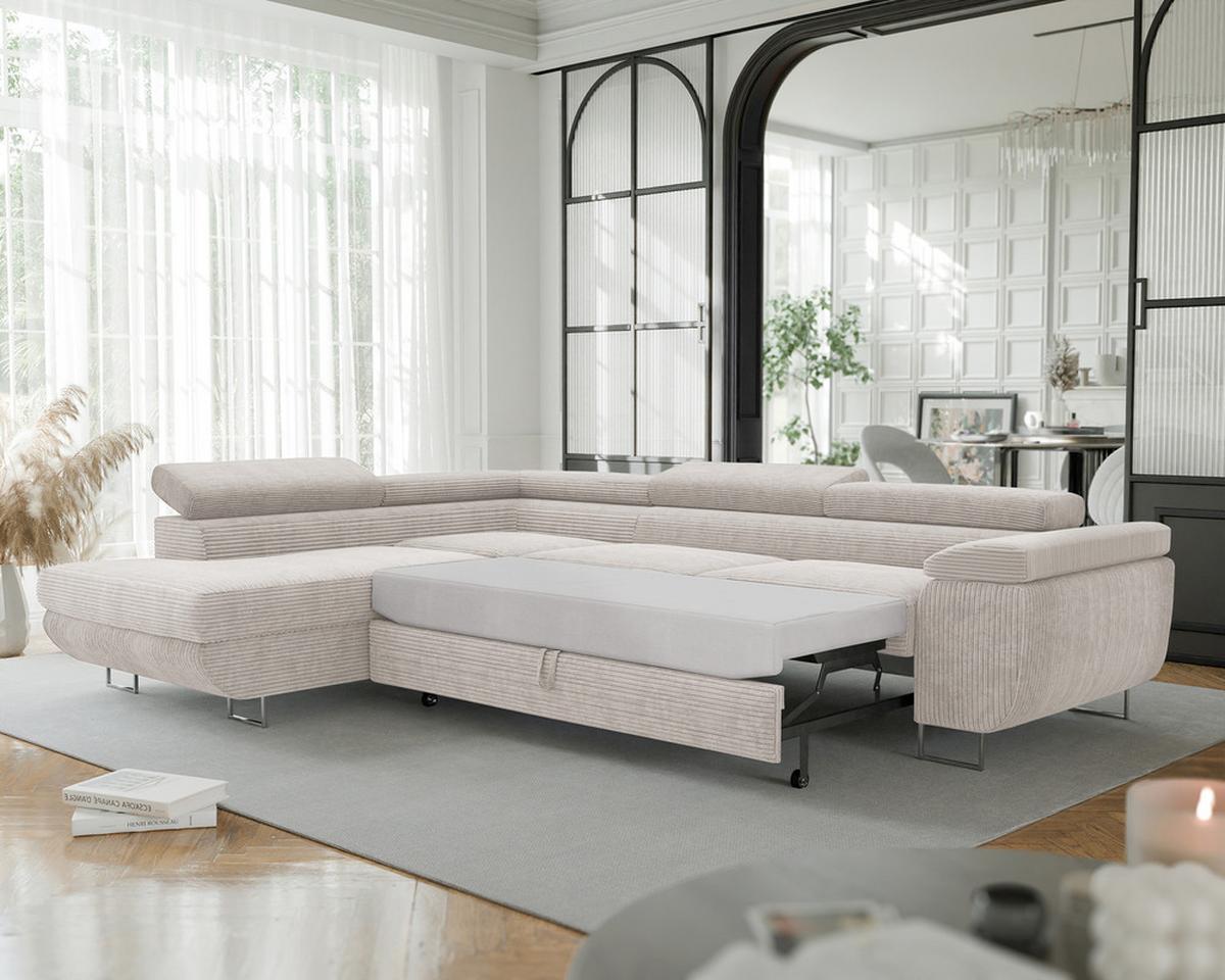 ECKSOFA ANTON links, mit Schlaffunktion und Bettkasten Creme - Chromfarben/Creme, Textil/Metall (274/203cm) - Idohome