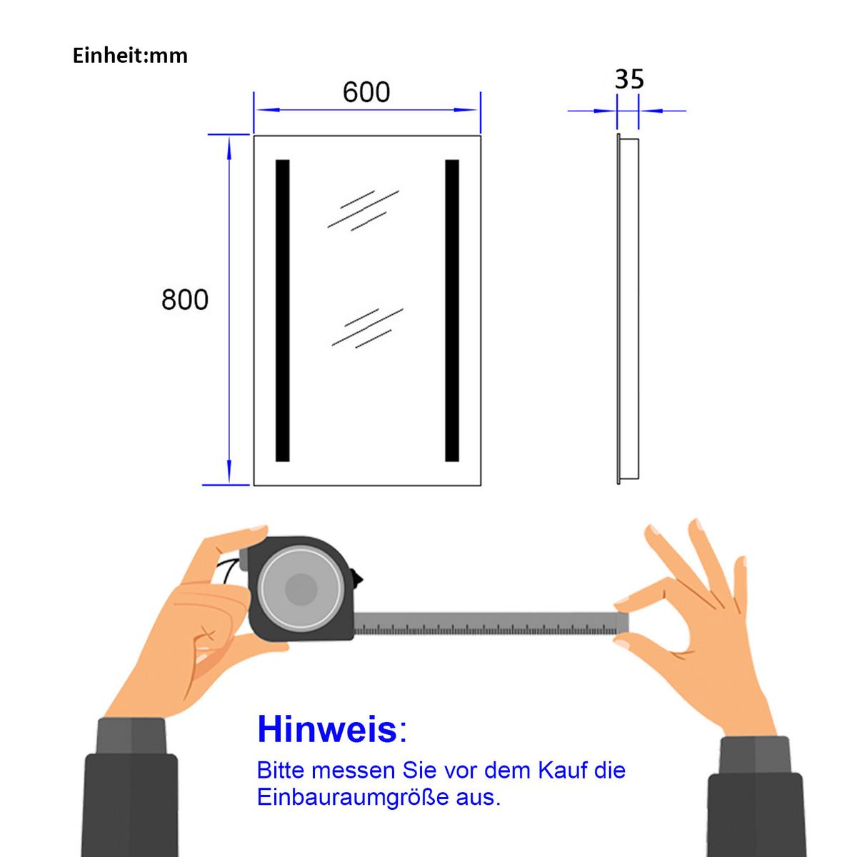 BADSPIEGEL mit Beleuchtung Rechteckig Umweltfreundlicher Silberspiegel 80/60 cm - Transparent, Glas (60/80/3.5cm) - EMKE