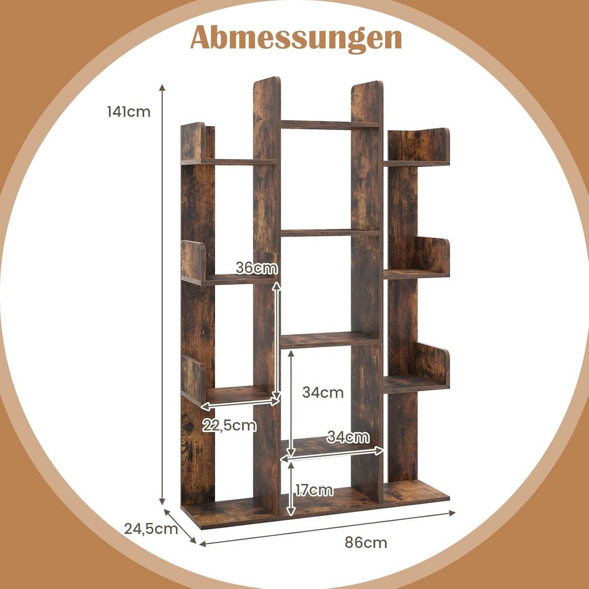 BUCHERREGAL Braun - Braun, Holz (86/141/25cm) - COSTWAY