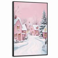 LEINWAND Bilder mit Rahmen - Weihnachtsdorf - Rosa - Winter - Schnee - Häuser - 90x140 - Altrosa, Textil (90/140cm) - MuchoWow