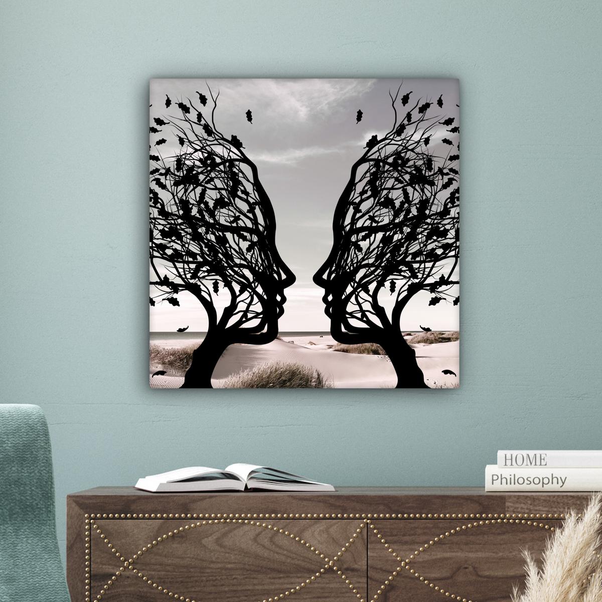 LEINWANDBILD Strand - Meer - Menschen - Baum - Moderne Kunst Wandbild Wohnzimmer 50x50 cm - Hellgrau, Textil (50/50cm) - MuchoWow
