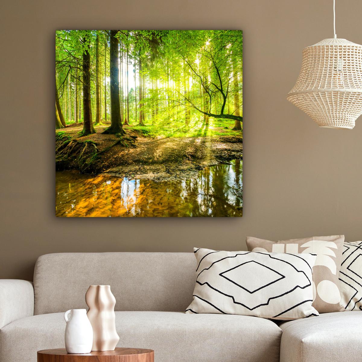 LEINWANDBILD Wald - Landschaft - Wasser - Bäume - Sonne - Grün - Natur Deko Groß 90x90 cm - Grün, Textil (90/90cm) - MuchoWow