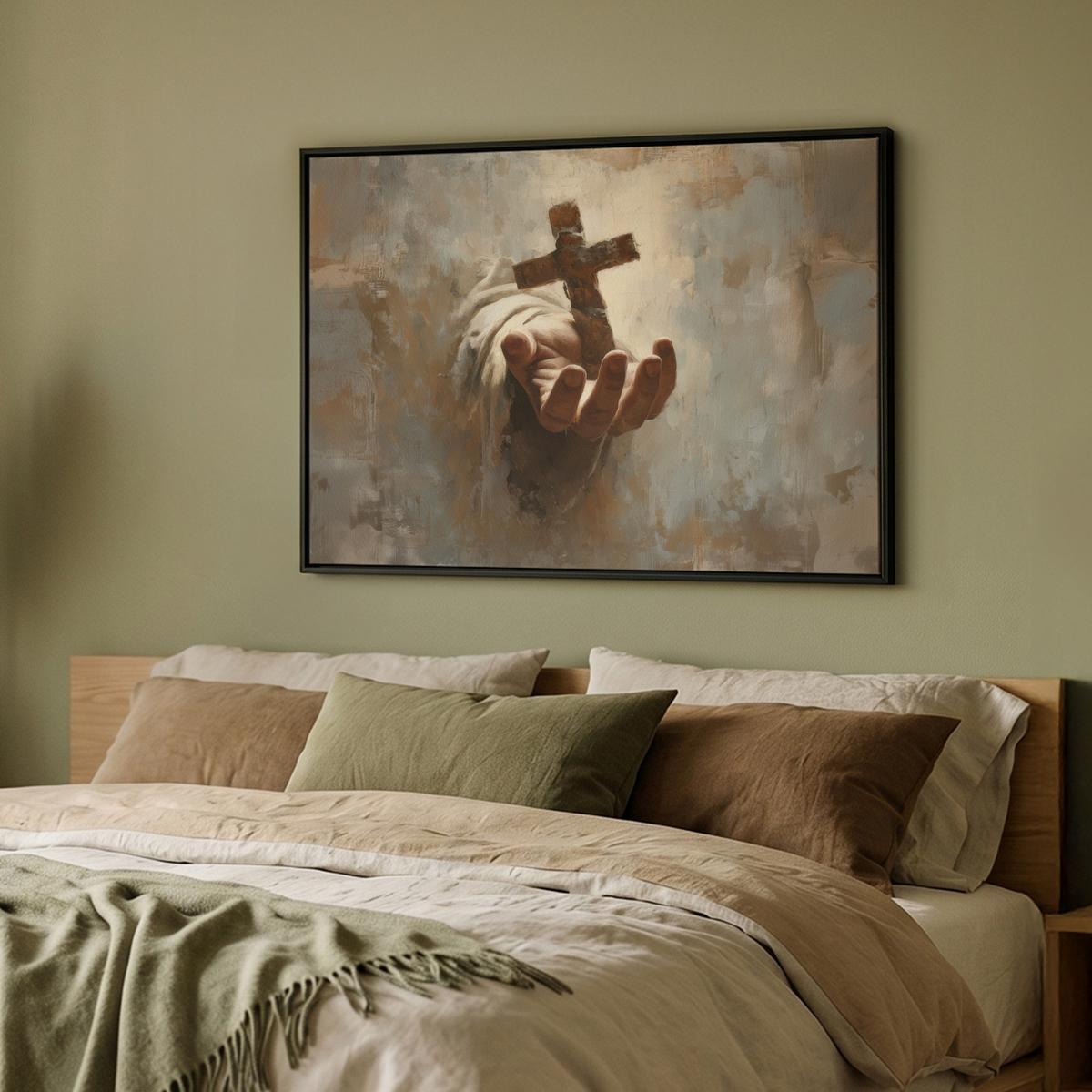 LEINWAND Bilder mit Rahmen - Abstrakt - Kreuz - Hand - Christentum - 100x70 - Hellbraun, Textil (100/70cm) - MuchoWow