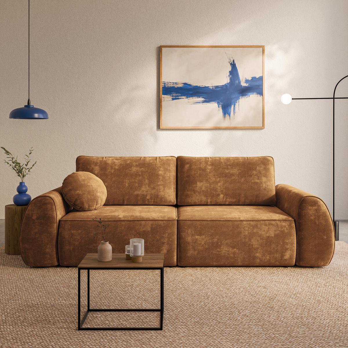 BETTSOFA ZEFEO Hellbraun Chenille-Stoff mit Schlaffunktion - Hellbraun, Textil (264/96/106cm) - MASSENO