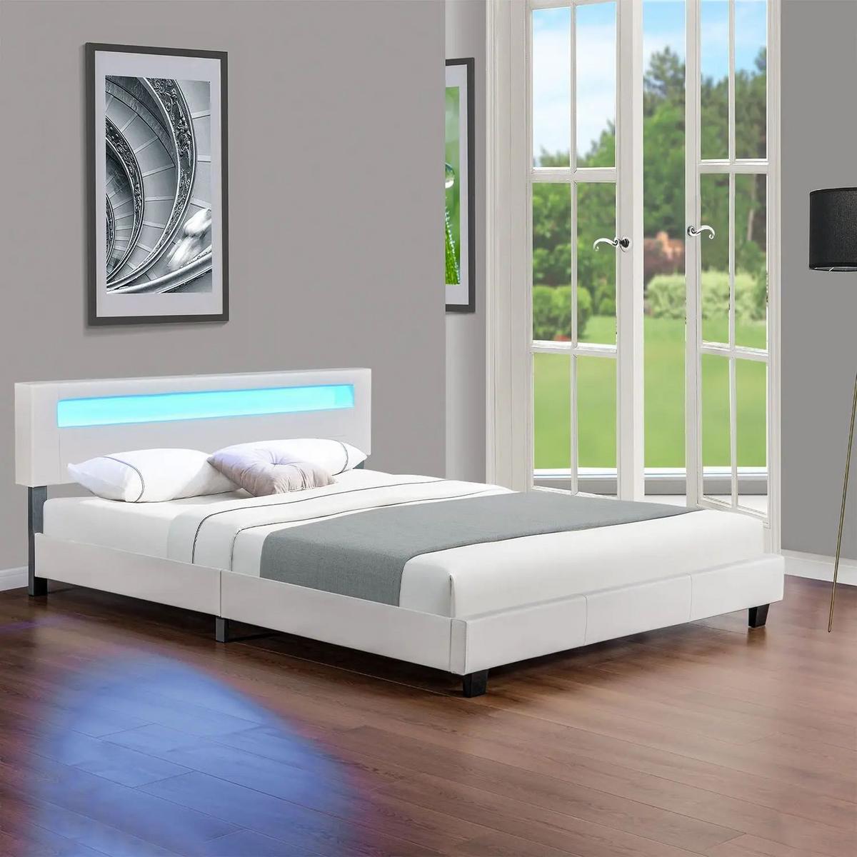 POLSTERBETT Paris weiß 180x200cm mit Matratze und LED (16 Farben) - Weiß, Textil (180/200cm) - Juskys
