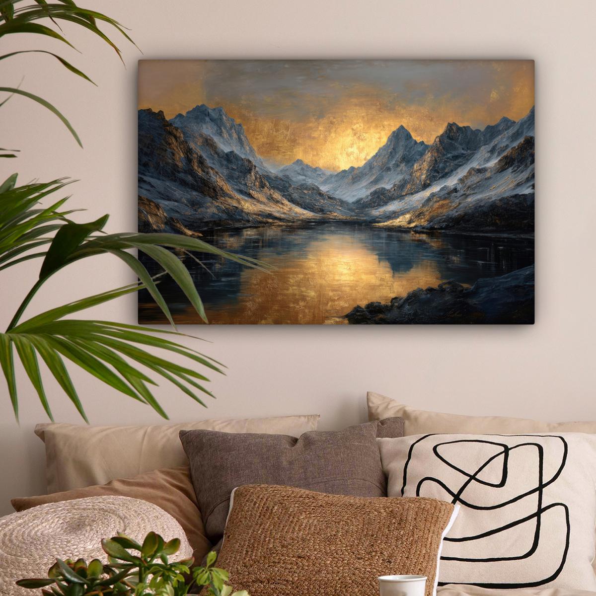 LEINWANDBILD Bergkulisse mit goldenem Sonnenuntergang Gemälde 60x40 cm - Goldfarben, Textil (60/40cm) - MuchoWow