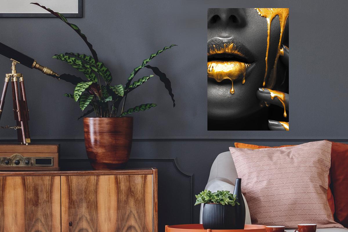 WANDTATTOO Frau - Schwarz - Gold - Gesicht - Lippen Wandbild 40x60 cm - Goldfarben, Kunststoff (40/60/0.1cm) - MuchoWow