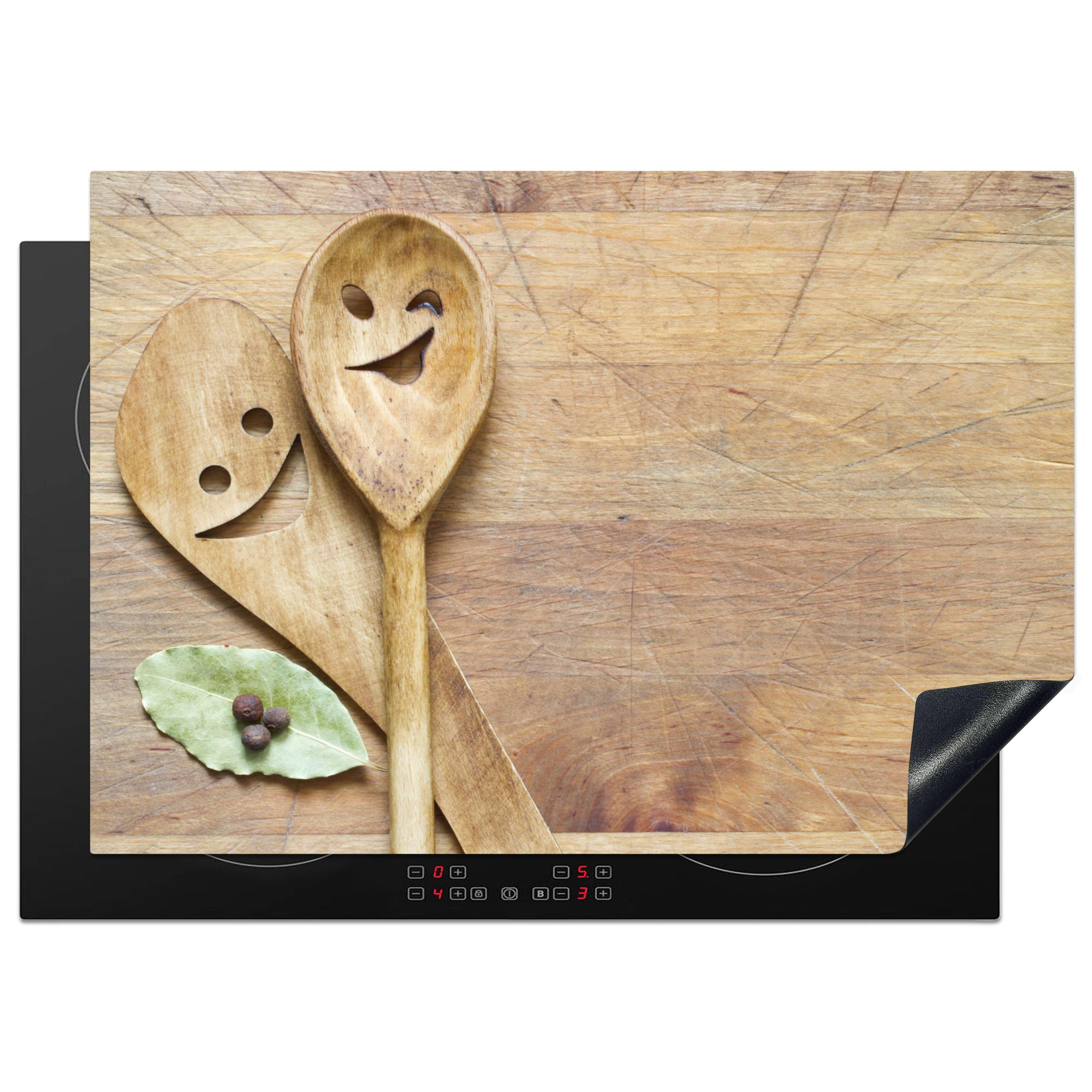 HERDABDECKPLATTE Holz - Löffel - Braun - Smiley Herdabdeckung Induktionsfeld 75x52 cm - Hellbraun, Kunststoff (75/52/0.2cm) - MuchoWow