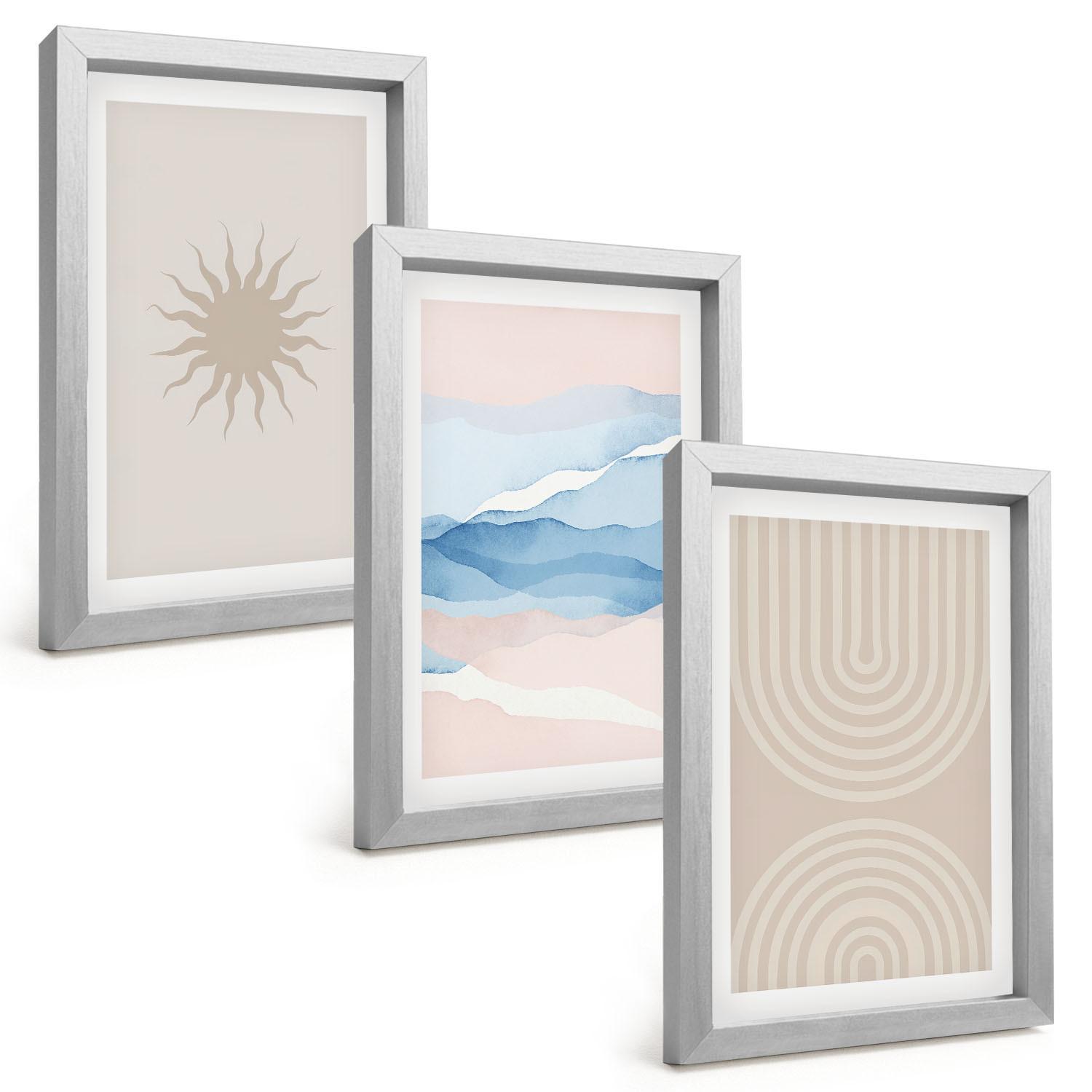 BILDER SET 3er Set - 20x30 cm Silberner Rahmen - Sonnenwellen abstrakte Linien Pastell - Silberfarben, Kunststoff (20/30cm) - TULUP