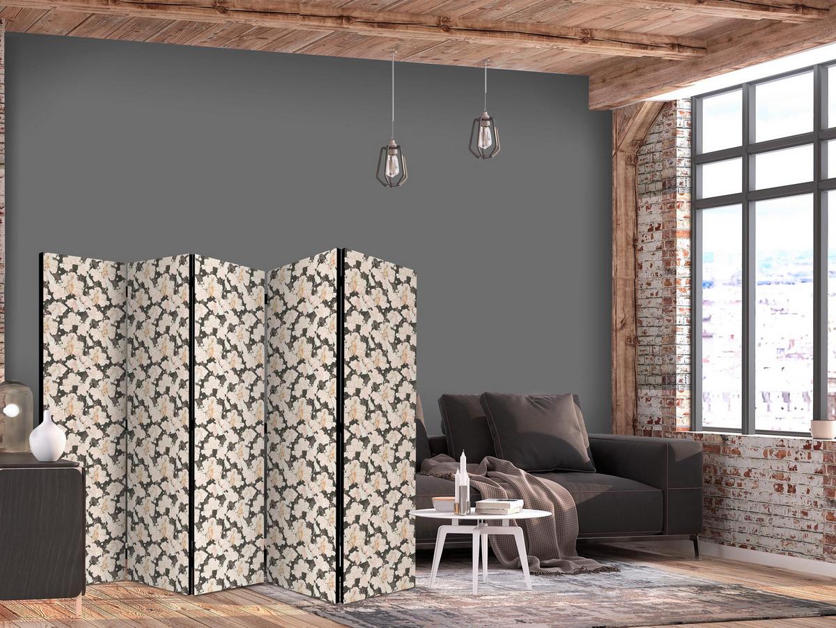 PARAVENT Beidseitig Bedruckter 5-tlg 225x172 cm Boho Blumen und Kaninchen - Creme, Holz/Textil (225/172/3cm) - Muralo