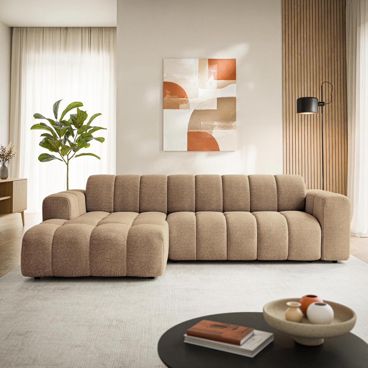 ECKSOFA SETIA Beige Strukturstoff mit Schlaffunktion - Beige, Holz (304/165cm) - MASSENO