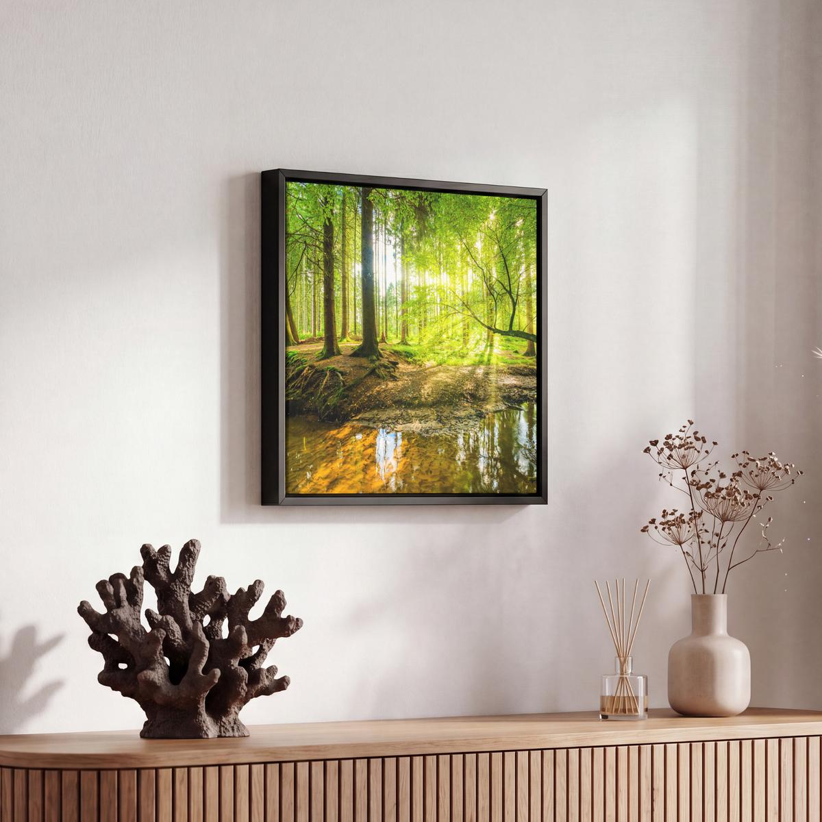 LEINWAND Bilder mit Rahmen - Wald - Landschaft - Wasser - Bäume - Sonne - Grün - Natur - 20x20 - Grün, Textil (20/20cm) - MuchoWow