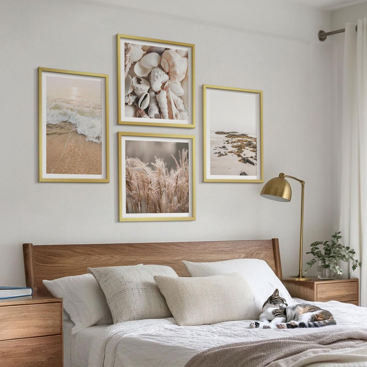 BILDER SET 4er Set - 50x50 cm & 40x60 cm Goldrahmen - Strandgras, Wellen, Steine, Boho-Stil - Goldfarben, Kunststoff (50/50cm) - TULUP