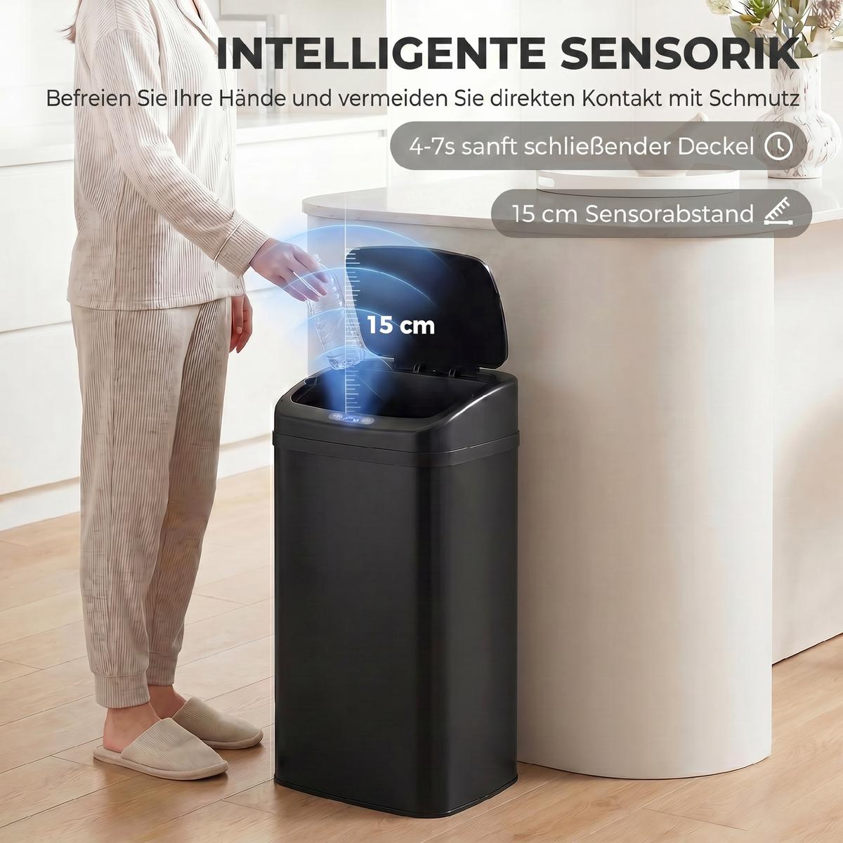 MÜLLEIMER mit Sensor 48L Edelstahl Abfalleimer mit Automatischer Schließfunktion - Schwarz, Metall (25/69/33cm) - HOMCOM