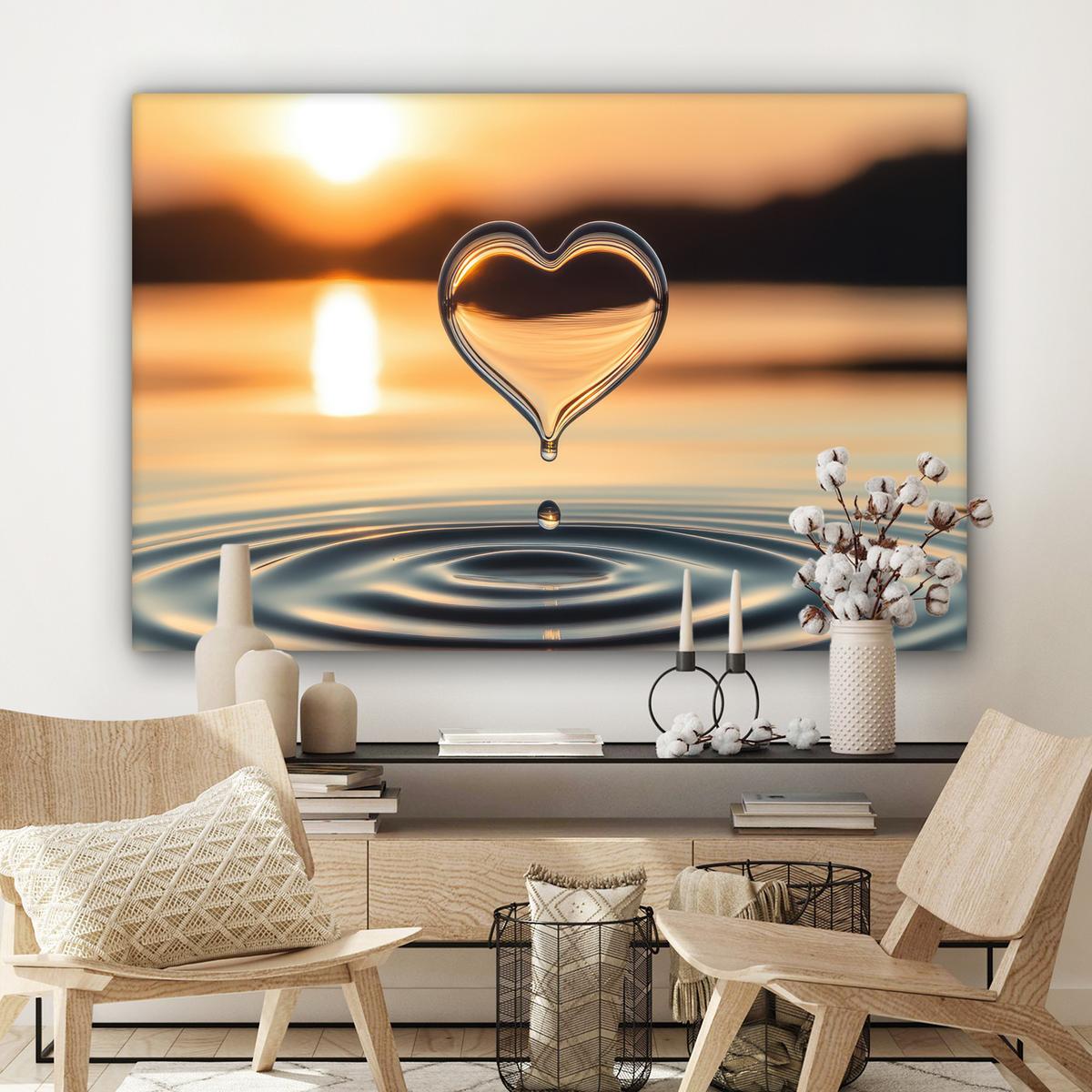 LEINWANDBILD Herz - Wasser - Sonnenuntergang - Natur - Zen Wohnzimmer Groß 120x80 cm - Bernsteinfarben, Textil (120/80cm) - MuchoWow