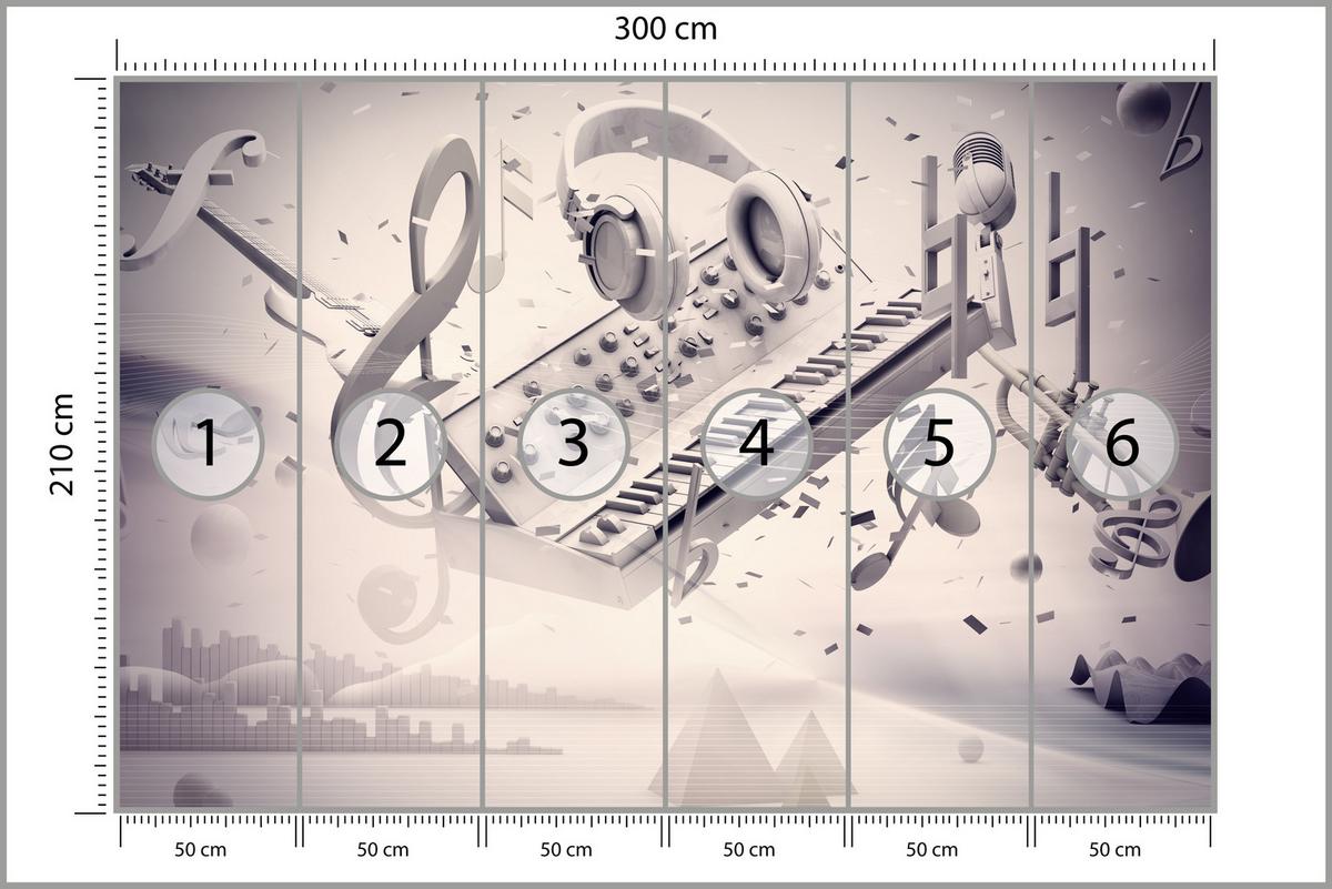 FOTOTAPETE für Jugendzimmer Modern Kollage Musik Klavier Noten Kopfhörer 300x210 - Grau, Papier (300/210cm) - Muralo