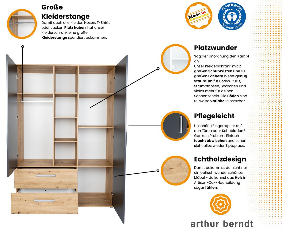 KLEIDERSCHRANK Alessio 2. türig - Anthrazit/Silberfarben, Holzwerkstoff/Kunststoff (130/188/51cm) - arthur berndt