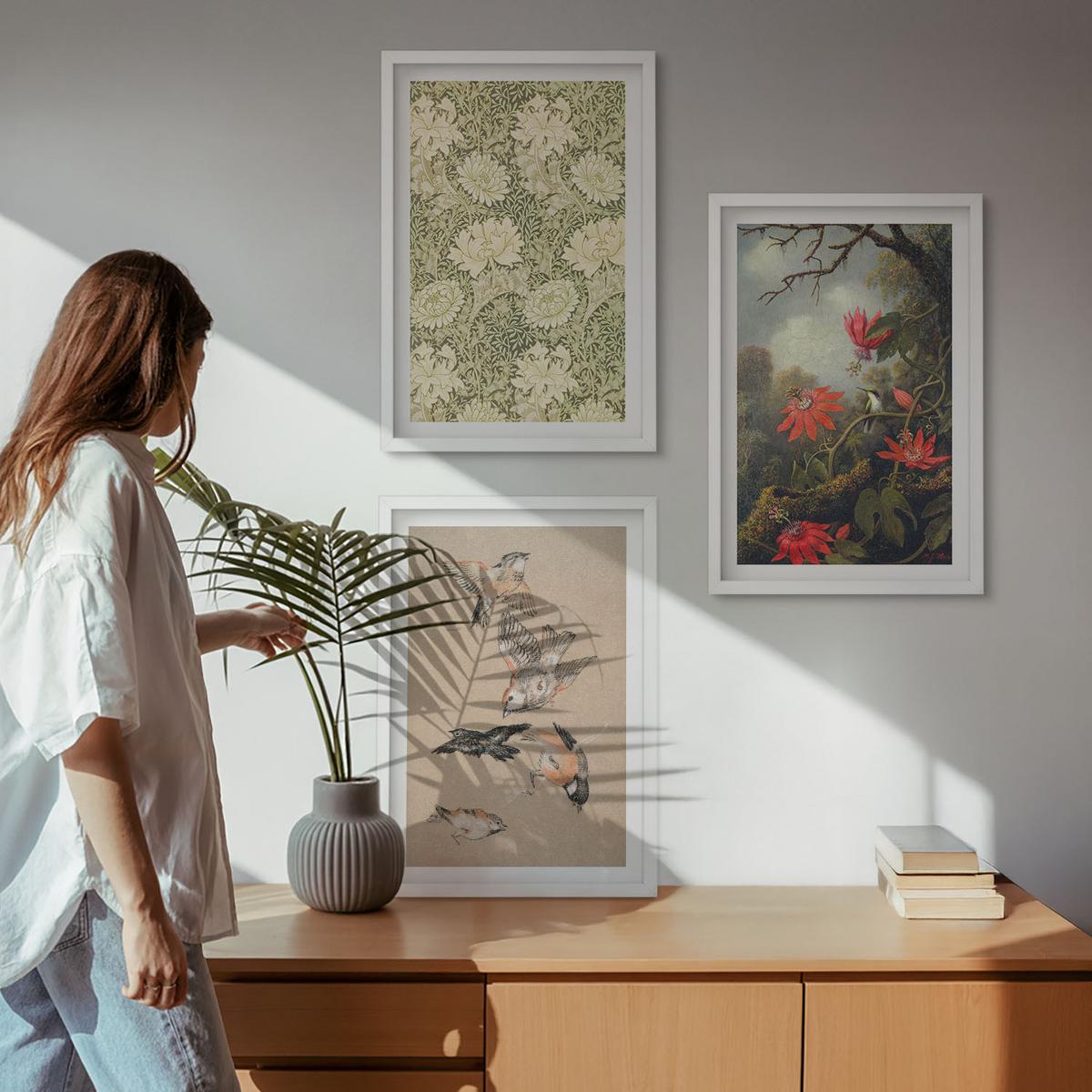 BILDER SET 3er Set - 40x60 cm Weißer Rahmen - Blumen, Vögel, Natur - Weiß, Kunststoff (40/60cm) - TULUP