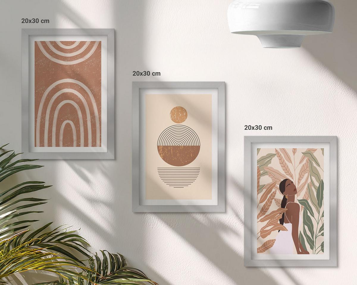 BILDER SET 3er Set - 20x30 cm Silberner Rahmen - Stilvolle Pflanzenmuster und Geometrie - Silberfarben, Kunststoff (20/30cm) - TULUP