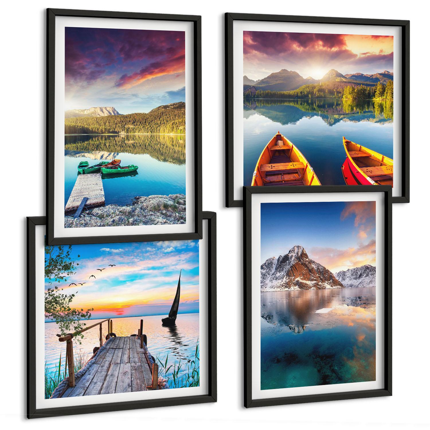 BILDER SET 4er Set - 50x50 cm & 40x60 cm Schwarzer Rahmen - Seen- und Berglandschaft Łódź - Schwarz, Kunststoff (50/50cm) - TULUP